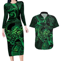 New Zealand Tuatara Couples Matching Long Sleeve Bodycon Dress and Hawaiian Shirt Aotearoa Maori Clematis Flowers - Green LT14 Green - Polynesian Pride