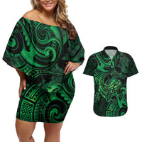 New Zealand Tuatara Couples Matching Off Shoulder Short Dress and Hawaiian Shirt Aotearoa Maori Clematis Flowers - Green LT14 Green - Polynesian Pride