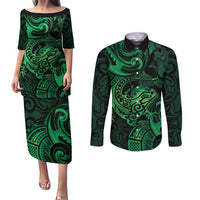 New Zealand Tuatara Couples Matching Puletasi and Long Sleeve Button Shirt Aotearoa Maori Clematis Flowers - Green LT14 Green - Polynesian Pride