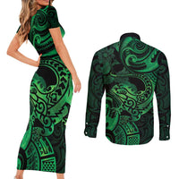 New Zealand Tuatara Couples Matching Short Sleeve Bodycon Dress and Long Sleeve Button Shirt Aotearoa Maori Clematis Flowers - Green LT14 - Polynesian Pride