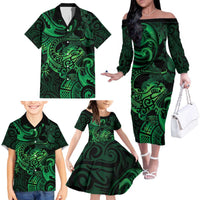 New Zealand Tuatara Family Matching Off The Shoulder Long Sleeve Dress and Hawaiian Shirt Aotearoa Maori Clematis Flowers - Green LT14 - Polynesian Pride