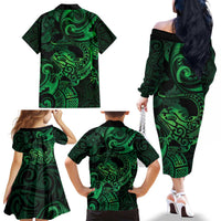 New Zealand Tuatara Family Matching Off The Shoulder Long Sleeve Dress and Hawaiian Shirt Aotearoa Maori Clematis Flowers - Green LT14 - Polynesian Pride