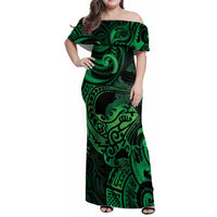 New Zealand Tuatara Family Matching Off Shoulder Maxi Dress and Hawaiian Shirt Aotearoa Maori Clematis Flowers - Green LT14 Mom's Dress Green - Polynesian Pride