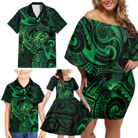 New Zealand Tuatara Family Matching Off Shoulder Short Dress and Hawaiian Shirt Aotearoa Maori Clematis Flowers - Green LT14 - Polynesian Pride