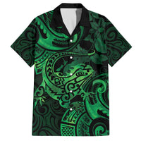 New Zealand Tuatara Family Matching Off Shoulder Short Dress and Hawaiian Shirt Aotearoa Maori Clematis Flowers - Green LT14 Dad's Shirt - Short Sleeve Green - Polynesian Pride