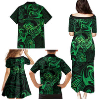 New Zealand Tuatara Family Matching Puletasi and Hawaiian Shirt Aotearoa Maori Clematis Flowers - Green LT14 - Polynesian Pride