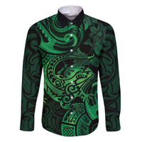 New Zealand Tuatara Family Matching Puletasi and Hawaiian Shirt Aotearoa Maori Clematis Flowers - Green LT14 Dad's Shirt - Long Sleeve Green - Polynesian Pride