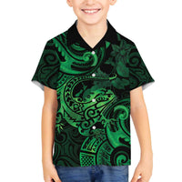 New Zealand Tuatara Family Matching Puletasi and Hawaiian Shirt Aotearoa Maori Clematis Flowers - Green LT14 Son's Shirt Green - Polynesian Pride