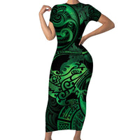 New Zealand Tuatara Family Matching Short Sleeve Bodycon Dress and Hawaiian Shirt Aotearoa Maori Clematis Flowers - Green LT14 Mom's Dress Green - Polynesian Pride