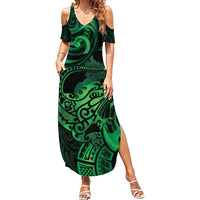 New Zealand Tuatara Family Matching Summer Maxi Dress and Hawaiian Shirt Aotearoa Maori Clematis Flowers - Green LT14 Mom's Dress Green - Polynesian Pride