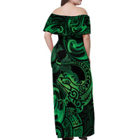 New Zealand Tuatara Off Shoulder Maxi Dress Aotearoa Maori Clematis Flowers - Green LT14 - Polynesian Pride