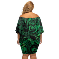 New Zealand Tuatara Off Shoulder Short Dress Aotearoa Maori Clematis Flowers - Green LT14 - Polynesian Pride