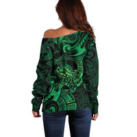 New Zealand Tuatara Off Shoulder Sweater Aotearoa Maori Clematis Flowers - Green LT14 - Polynesian Pride