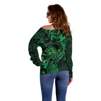 New Zealand Tuatara Off Shoulder Sweater Aotearoa Maori Clematis Flowers - Green LT14 - Polynesian Pride