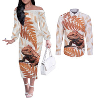 Red New Zealand Tuatara Couples Matching Off The Shoulder Long Sleeve Dress and Long Sleeve Button Shirt Aotearoa Sphenodon Punctatus Silver Fern LT14 Red - Polynesian Pride
