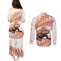 Red New Zealand Tuatara Couples Matching Puletasi and Long Sleeve Button Shirt Aotearoa Sphenodon Punctatus Silver Fern LT14 - Polynesian Pride
