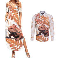 Red New Zealand Tuatara Couples Matching Summer Maxi Dress and Long Sleeve Button Shirt Aotearoa Sphenodon Punctatus Silver Fern LT14 Red - Polynesian Pride