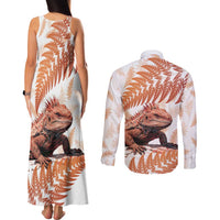 Red New Zealand Tuatara Couples Matching Tank Maxi Dress and Long Sleeve Button Shirt Aotearoa Sphenodon Punctatus Silver Fern LT14 - Polynesian Pride
