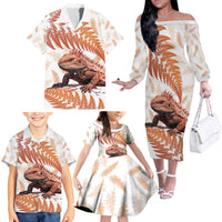 Red New Zealand Tuatara Family Matching Off The Shoulder Long Sleeve Dress and Hawaiian Shirt Aotearoa Sphenodon Punctatus Silver Fern LT14 - Polynesian Pride