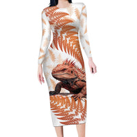 Red New Zealand Tuatara Long Sleeve Bodycon Dress Aotearoa Sphenodon Punctatus Silver Fern LT14 Long Dress Red - Polynesian Pride