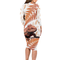 Red New Zealand Tuatara Long Sleeve Bodycon Dress Aotearoa Sphenodon Punctatus Silver Fern LT14 - Polynesian Pride