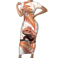 Red New Zealand Tuatara Short Sleeve Bodycon Dress Aotearoa Sphenodon Punctatus Silver Fern LT14 Long Dress Red - Polynesian Pride