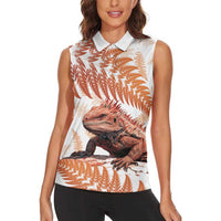 Red New Zealand Tuatara Women Sleeveless Polo Shirt Aotearoa Sphenodon Punctatus Silver Fern LT14 - Polynesian Pride