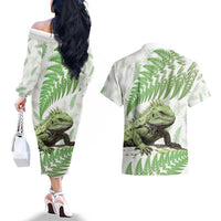 Green New Zealand Tuatara Couples Matching Off The Shoulder Long Sleeve Dress and Hawaiian Shirt Aotearoa Sphenodon Punctatus Silver Fern LT14 - Polynesian Pride