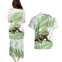 Green New Zealand Tuatara Couples Matching Puletasi and Hawaiian Shirt Aotearoa Sphenodon Punctatus Silver Fern LT14 - Polynesian Pride