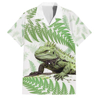 Green New Zealand Tuatara Family Matching Off The Shoulder Long Sleeve Dress and Hawaiian Shirt Aotearoa Sphenodon Punctatus Silver Fern LT14 Dad's Shirt - Short Sleeve Green - Polynesian Pride