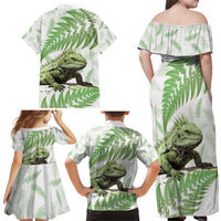 Green New Zealand Tuatara Family Matching Off Shoulder Maxi Dress and Hawaiian Shirt Aotearoa Sphenodon Punctatus Silver Fern LT14 - Polynesian Pride