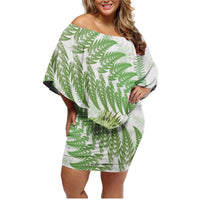 Green New Zealand Tuatara Family Matching Off Shoulder Short Dress and Hawaiian Shirt Aotearoa Sphenodon Punctatus Silver Fern LT14 Mom's Dress Green - Polynesian Pride