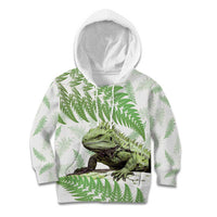 Green New Zealand Tuatara Kid Hoodie Aotearoa Sphenodon Punctatus Silver Fern LT14 Hoodie Green - Polynesian Pride