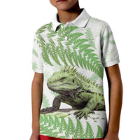 Green New Zealand Tuatara Kid Polo Shirt Aotearoa Sphenodon Punctatus Silver Fern LT14 Kid Green - Polynesian Pride