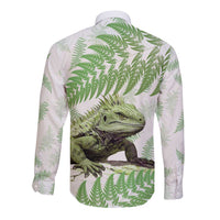 Green New Zealand Tuatara Long Sleeve Button Shirt Aotearoa Sphenodon Punctatus Silver Fern LT14 - Polynesian Pride