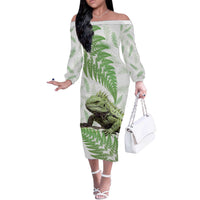 Green New Zealand Tuatara Off The Shoulder Long Sleeve Dress Aotearoa Sphenodon Punctatus Silver Fern LT14 Women Green - Polynesian Pride