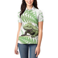 Green New Zealand Tuatara Women Polo Shirt Aotearoa Sphenodon Punctatus Silver Fern LT14 - Polynesian Pride