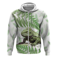 Green New Zealand Tuatara Zip Hoodie Aotearoa Sphenodon Punctatus Silver Fern LT14 Zip Hoodie Green - Polynesian Pride