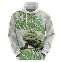 Green New Zealand Tuatara Zip Hoodie Aotearoa Sphenodon Punctatus Silver Fern LT14 - Polynesian Pride