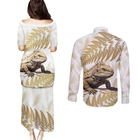 Gold New Zealand Tuatara Couples Matching Puletasi and Long Sleeve Button Shirt Aotearoa Sphenodon Punctatus Silver Fern LT14 - Polynesian Pride