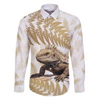 Gold New Zealand Tuatara Family Matching Off The Shoulder Long Sleeve Dress and Hawaiian Shirt Aotearoa Sphenodon Punctatus Silver Fern LT14 Dad's Shirt - Long Sleeve Gold - Polynesian Pride