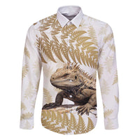 Gold New Zealand Tuatara Family Matching Off Shoulder Maxi Dress and Hawaiian Shirt Aotearoa Sphenodon Punctatus Silver Fern LT14 Dad's Shirt - Long Sleeve Gold - Polynesian Pride