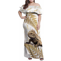 Gold New Zealand Tuatara Family Matching Off Shoulder Maxi Dress and Hawaiian Shirt Aotearoa Sphenodon Punctatus Silver Fern LT14 Mom's Dress Gold - Polynesian Pride
