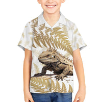 Gold New Zealand Tuatara Family Matching Summer Maxi Dress and Hawaiian Shirt Aotearoa Sphenodon Punctatus Silver Fern LT14 Son's Shirt Gold - Polynesian Pride