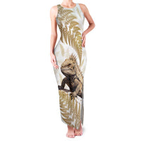 Gold New Zealand Tuatara Family Matching Tank Maxi Dress and Hawaiian Shirt Aotearoa Sphenodon Punctatus Silver Fern LT14 Mom's Dress Gold - Polynesian Pride
