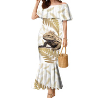 Gold New Zealand Tuatara Mermaid Dress Aotearoa Sphenodon Punctatus Silver Fern LT14 Women Gold - Polynesian Pride