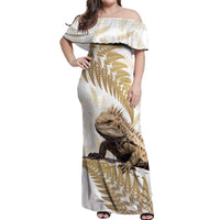 Gold New Zealand Tuatara Off Shoulder Maxi Dress Aotearoa Sphenodon Punctatus Silver Fern LT14 Women Gold - Polynesian Pride