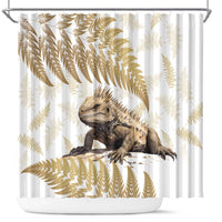 Gold New Zealand Tuatara Shower Curtain Aotearoa Sphenodon Punctatus Silver Fern LT14 Gold - Polynesian Pride
