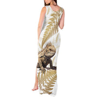 Gold New Zealand Tuatara Tank Maxi Dress Aotearoa Sphenodon Punctatus Silver Fern LT14 - Polynesian Pride