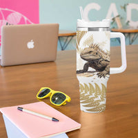 Gold New Zealand Tuatara Tumbler With Handle Aotearoa Sphenodon Punctatus Silver Fern LT14 - Polynesian Pride